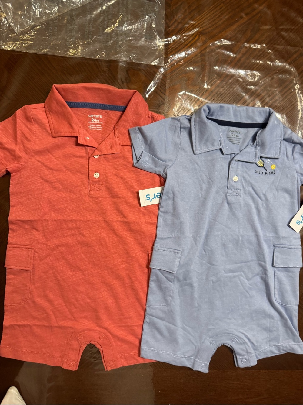Carter's toddler boys Polo Romper — Red and Light Blue 100% cotton